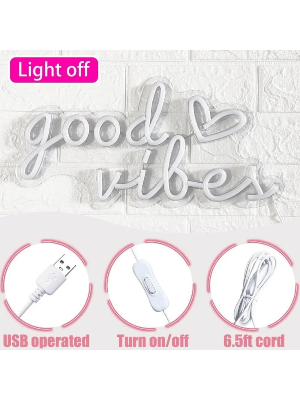 Good Vibes Neon Wall Sign - 16x8in USB LED Light for Bedroom, Party, Home Decor